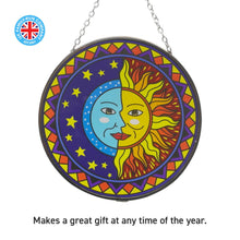 Load image into Gallery viewer, Sun and moon eclipse glass sun catcher with geometric border | 150mm diameter with chain for hanging | colour catcher | window decoration | perfect for conservatory | living rooms | garden | garden ha