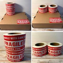 Load image into Gallery viewer, Two Rolls Premium Fragile Warning Stickers – Self-Adhesive “Fragile Handle with Care” Shipping Labels, 1000 Stickers per Roll, Bright Red & White, Waterproof & Tear-Resistant, for Boxes, Parcels & Packages