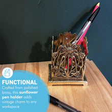 Load image into Gallery viewer, Elegant Art Nouveau Sunflower Pen Holder – Polished Brass Desk Organizer, Tidy Rack for Workspace Decor