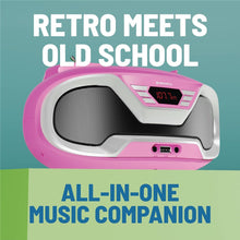 Load image into Gallery viewer, Pink Oakcastle CD200 PORTABLE CD PLAYER BOOMBOX with Bluetooth & FM Radio, 3.5mm AUX headphone jack and USB input, mains and battery music system for adults and children with stereo sound speakers