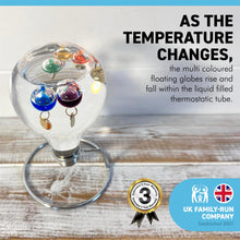 Load image into Gallery viewer, GALILEO THERMOMETER LIGHT BULB SHAPED on Stand | Multicoloured | Temperature Gauge | with 5 floating temperature baubles