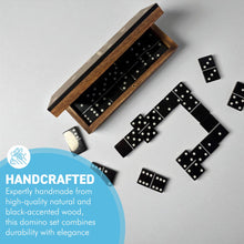 Load image into Gallery viewer, 𝗛𝗔𝗡𝗗𝗖𝗥𝗔𝗙𝗧𝗘𝗗 𝗪𝗢𝗢𝗗𝗘𝗡 𝗗𝗢𝗠𝗜𝗡𝗢 𝗦𝗘𝗧 with Silver Inlay and Acrylic Hinged Lid – Black & Natural Wood, Elegant Game Night Gift