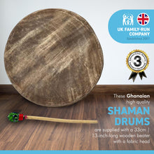 Load image into Gallery viewer, 40cm diameter Ghanaian Shamanic Sami hand drum with wooden beater | frame drum | medicine | Viking / Pagan Hand Drum | wooden frame | rope weaved handles at the rear | deep resonant tone