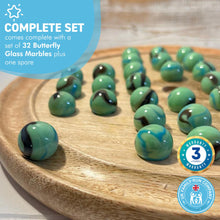 Load image into Gallery viewer, 30cm Diameter WOODEN SOLITAIRE BOARD GAME with BUTTERFLY GLASS MARBLES | classic wooden solitaire game | strategy board game | family board game | games for one | board games