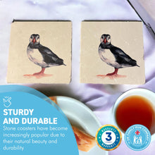 Load image into Gallery viewer, 2 x PROFESSOR PUFFIN STONE COASTERS | Stone Coasters | Animal novelty gift | Coaster for glass, mugs and cups| Square coaster for drinks | Puffin gift | Meg Hawkins art | 10cm x 10cm