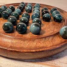 Load image into Gallery viewer, 30cm Diameter DARK WOOD SOLITAIRE BOARD GAME with Midnight Blue Glass Marbles | |classic wooden solitaire game | strategy board game | family board game | games for one | board games