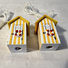 Load image into Gallery viewer, Pair of Yellow beach hut light pulls | Nautical Theme Wooden Beach Hut Cord Pull Light Pulls