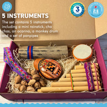 Load image into Gallery viewer, Rainforest Rhythm set of instruments | South America Musical instruments | Handmade instruments | Rainforest sounds | Musical gift box for adults and children | Instruments for schools | 5 instruments included
