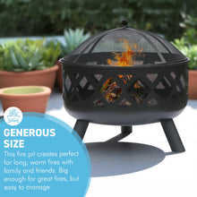 Load image into Gallery viewer, 𝗟𝗔𝗥𝗚𝗘 𝗦𝗧𝗘𝗘𝗟 𝗢𝗨𝗧𝗗𝗢𝗢𝗥 𝗙𝗜𝗥𝗘 𝗣𝗜𝗧 𝗕𝗢𝗪𝗟 | Modern Black Steel Lattice Design with Mesh Cover | Safety Poker & Log Grate included | 𝗪𝗢𝗢𝗗 𝗢𝗥 𝗖𝗛𝗔𝗥𝗖𝗢𝗔𝗟 𝗕𝗨𝗥𝗡𝗘𝗥 for Patio & Garden