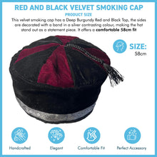 Load image into Gallery viewer, Size 58cm, medium, Handmade Nepalese Burgundy Red and Black velvet Smoking Cap with traditional Tibetan design, lightweight, stylish design