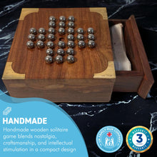 Load image into Gallery viewer, Handmade compact wooden classic solitaire game with stainless steel balls | 13cm x 13cm with storage draw | Travel game
