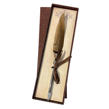 Load image into Gallery viewer, STRIPED, BROWN FEATHERED BALL POINT PEN | Feather Pen | Special Pen | Wizards Pen | Guest Book Pen | Wedding Pen