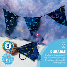 Load image into Gallery viewer, MYSTIC SKY BUNTING | Fabric Bunting | Reusable Decorations | Stars and Moons | Blue Bunting | Party decorations | Eco Decorations