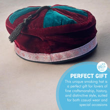 Load image into Gallery viewer, Size 58cm, medium, Handmade Nepalese maroon and deep green velvet Smoking Cap with traditional Tibetan design, lightweight, stylish design