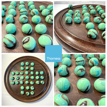 Load image into Gallery viewer, 30cm Diameter WOODEN SOLITAIRE BOARD GAME with BUTTERFLY GLASS MARBLES | classic wooden solitaire game | strategy board game | family board game | games for one | board games