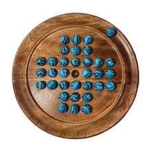 Load image into Gallery viewer, 22cm Diameter wooden SOLITAIRE BOARD GAME with BRILLIANT BLUE BRONTOSAURUS SWIRL GLASS MARBLES | classic wooden solitaire game | strategy board game | family board game | games for one | board games
