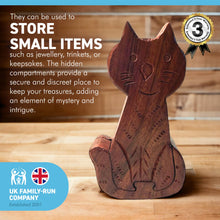 Load image into Gallery viewer, 4-piece Pussy Cat Wooden Puzzle Box | Wooden Cat Puzzle Box | Handmade wooden puzzle box | Handmade Wooden trinket secrets Box | Sustainable Shesham wooden hand carved box | 17cm (w) x 5cm (h)