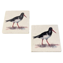 Load image into Gallery viewer, 2 x OYSTER CATCHER STONE COASTERS | Stone Coasters | Animal novelty gift | Coaster for glass, mugs and cups| Square coaster for drinks | Beach gift | Meg Hawkins art | 10cm x 10cm