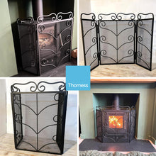 Load image into Gallery viewer, Black Metal foldable 3-panel fireplace surround screen 58cm high with mesh netting | Spark Guard | Fire guard | decorative pattern | Indoor or outdoor use | for open fires, log burners, stoves