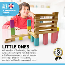 Load image into Gallery viewer, WOODEN 30 piece MARBLE RUN with six coloured glass marbles | Create and build different marble runs | Helps problem solving creativity and hand to eye coordination | Suitable for 4 and above