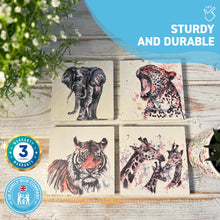 Load image into Gallery viewer, WILDLIFE SET OF 4 COASTERS | Leopard | Giraffe | Tiger | Elephant | Stone Coasters | Animal novelty gift | Coaster for glass, mugs and cups| Square coaster for drinks | Meg Hawkins art | 10cm x 10cm
