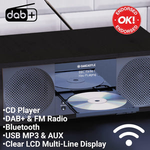 DAB500 CD Player, FM and DAB+ Digital Radio | Bluetooth, Mains Powered, Stereo Speakers, USB, MP3, AUX, Headphone Jack, Custom EQ, Remote Control | Oakcastle DAB Radio and CD-Player | Radio CD Player