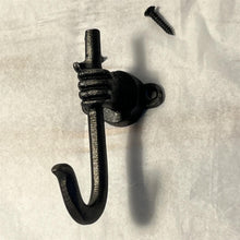 Load image into Gallery viewer, Antique style Iron Coat Hook, Single Hand Grasping Shepherd's Staff Design, 90mm Cast Iron Wall Mount