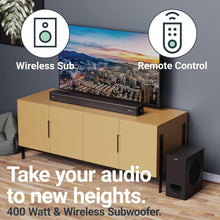 Load image into Gallery viewer, Majority Sierra 2.1.2 Dolby Atmos SOUNDBAR | WIRELESS SUBWOOFER I 400W Powerful Surround Sound | Home Theatre 3D Audio with Up-Firing Atmos Speakers | HDMI ARC, HDMI, Bluetooth, USB & AUX Playback