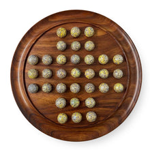 Load image into Gallery viewer, 30cm Diameter WOODEN SOLITAIRE BOARD GAME with SPECKLED GOLDEN SPINOSAURUS GLASS MARBLES | |classic wooden solitaire game | strategy board game | family board game | games for one | board games