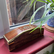 Load image into Gallery viewer, Wooden Treasure Chest Trinket Box with Tapered Ends and Brass Floral Inlay | Shesham Rosewood Keepsake Box, Distressed Finish, 25cm x 7cm x 9cm