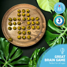 Load image into Gallery viewer, 30cm Diameter WOODEN SOLITAIRE BOARD GAME with BUMBLEBEE GLASS MARBLES | classic wooden solitaire game | strategy board game | family board game | games for one | board games