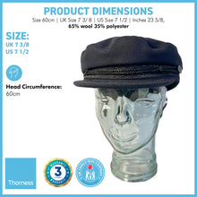 Load image into Gallery viewer, Traditional Wool Breton Cap | Size 60cm| Captain Fisherman Mariner Yachtsman Sailors Fiddlers Cap | Baker Boy flat cap skipper | Designed in the UK | classic peaked French and Greek boatman's hat