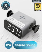 Load image into Gallery viewer, REFURBISHED MAJORITY Bluetooth Bedside FM Radio Alarm Clock | Wireless Charging for Phones| 12W Stereo Sound with Dual Alarm, Built-in Thermometer, and 30 Presets | Large Dimmable Display Darwin digital clock