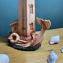 Load image into Gallery viewer, Handcrafted Wood-Effect Lighthouse: 22cm Height, Intricate Carving, Adorned with Whale Tail Design