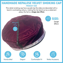 Load image into Gallery viewer, Size 59cm, large, Handmade Nepalese deep purple velvet Smoking Cap with traditional Tibetan design, lightweight, stylish design