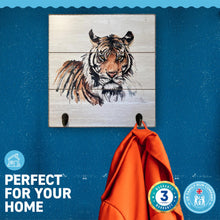 Load image into Gallery viewer, Rustic Wooden Design Tiger Plaque Wall Hooks | 30cm x 30cm wooden plaque | supplied with two hooks attached | wall hanging fixings attached | Wildlife art