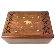 Load image into Gallery viewer, Handcrafted wooden storage trinket jewellery box | keepsake box | brass Elephant design inlaid | 17cm (w) x 7cm (h) | A Timeless Treasure of Craftsmanship