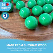 Load image into Gallery viewer, 30cm Diameter WOODEN SOLITAIRE BOARD GAME with Pea Green Glass Marbles | |classic wooden solitaire game | strategy board game | family board game | games for one | board games