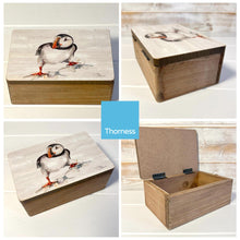 Load image into Gallery viewer, Wooden Curious Puffin Keepsake Box | Jewellery box | Trinket Box | Memory Box | Keepsake and Wooden Gift Boxes | Wedding Gifts | Storage for Women and men | keepsake boxes with lids