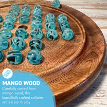 Load image into Gallery viewer, 22cm Diameter wooden SOLITAIRE BOARD GAME with BRILLIANT BLUE OXYGEN GLASS MARBLES | classic wooden solitaire game | strategy board game | family board game | games for one | board games