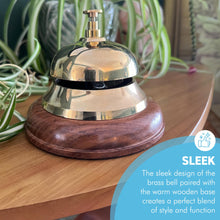Load image into Gallery viewer, Elegant Brass Reception Desk Bell with Wooden Base , Ideal for Hotels, Schools, and Restaurants (12cm W x 10cm H)