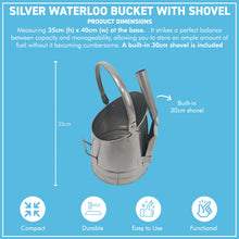 Load image into Gallery viewer, 𝗪𝗔𝗧𝗘𝗥𝗟𝗢𝗢 𝗦𝗧𝗬𝗟𝗘 𝗦𝗜𝗟𝗩𝗘𝗥 𝗙𝗜𝗡𝗜𝗦𝗛 𝗖𝗢𝗔𝗟 & 𝗔𝗦𝗛 𝗕𝗨𝗖𝗞𝗘𝗧 𝗪𝗜𝗧𝗛 𝗦𝗛𝗢𝗩𝗘𝗟 | H29cm x W22cm x D25cm | Heat-Resistant Metal Bucket for Fireplace | Log Burner or Stove | 𝗙𝗜𝗥𝗘𝗦𝗜𝗗𝗘 Accessory for Ash, Coal & Log Storage