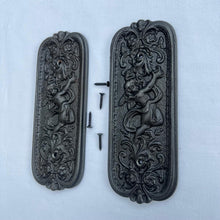 Load image into Gallery viewer, Set of Two Antique style Rustic Cast Iron Door Push Plates with Ornate Cherub Design - Vintage Finger Plate Decor