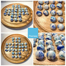 Load image into Gallery viewer, 30cm Diameter WOODEN SOLITAIRE BOARD GAME with JELLYFISH GLASS MARBLES | classic wooden solitaire game | strategy board game | family board game | games for one | board games