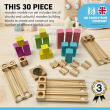Load image into Gallery viewer, WOODEN 30 piece MARBLE RUN with six coloured glass marbles | Create and build different marble runs | Helps problem solving creativity and hand to eye coordination | Suitable for 4 and above