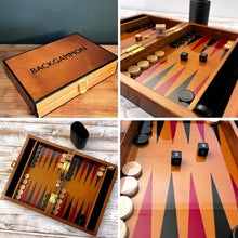 Load image into Gallery viewer, Deluxe 30cm Lacquered Wood Backgammon Set with Premium Leather Dice Cup with Varnished Wooden Game Chips