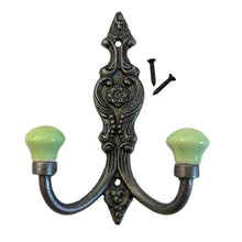 Load image into Gallery viewer, CAST IRON FRENCH STYLE DOUBLE ORNATE HOOKS | Lime green Ceramic Ball Tops | Cloakroom Hook | Decorative Double Hook, hat and coat hook | 15cm x 11cm.