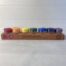 Load image into Gallery viewer, Chakra tea light candles set of 7 | each a different colour and with a different fragrance to represent 7 chakras | 100% pure natural Palm Wax and contain 3% pure essential oils
