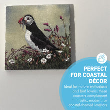 Load image into Gallery viewer, Green Stone Coaster with Puffin Image, Wildlife Watercolour Design, Wildlife Coaster
