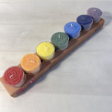 Load image into Gallery viewer, Chakra tea light candles set of 7 | each a different colour and with a different fragrance to represent 7 chakras | 100% pure natural Palm Wax and contain 3% pure essential oils